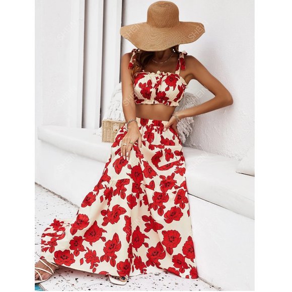 SHEIN Dresses & Skirts - SHEIN VCAY Floral Print Tie Shoulder Cami Top & Ruffle Hem Skirt Size S - NWT